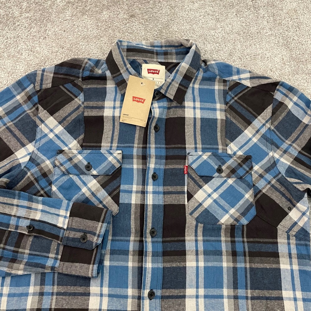 Levis Flannel Shirt Mens Medium Plaid Button Up Blue Black NWT